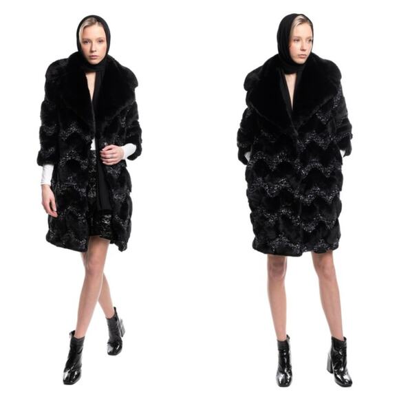 [Ainea] Black Metallic Boucle Trimmed Faux Fur Chevron Coat Size Small S IT 40 - Picture 1 of 12